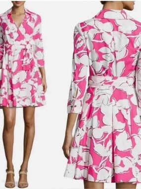 Diane von Furstenberg Jadrian Hot Pink & White Floral Print Wrap Dress Size 2